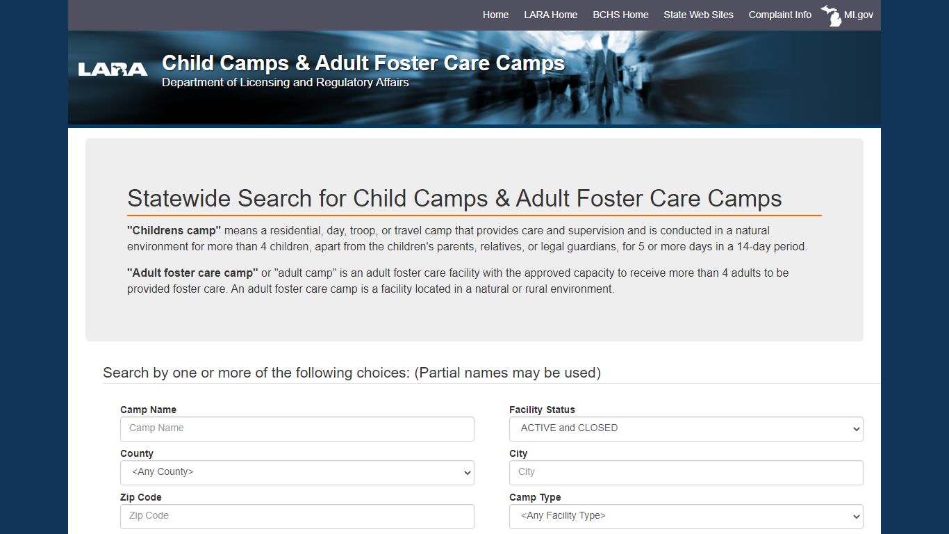 Statewide Search for Child Camps & Adult Foster Care Camps