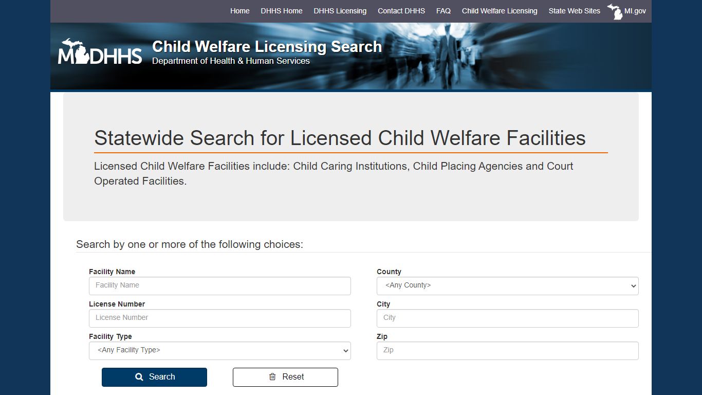 Statewide Search for Licensed Child Welfare Facilities