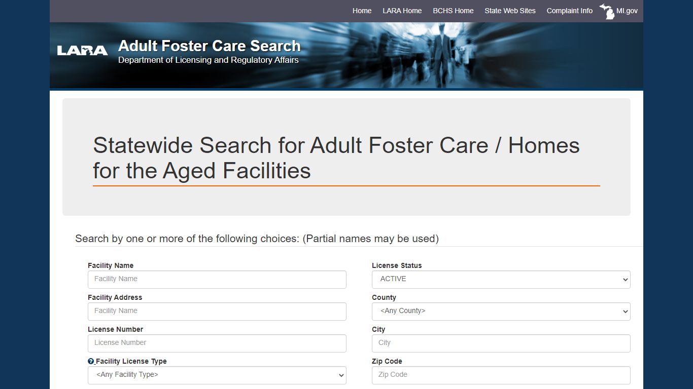 Statewide Search For Adult Foster Care / Homes for the Aged Facilities